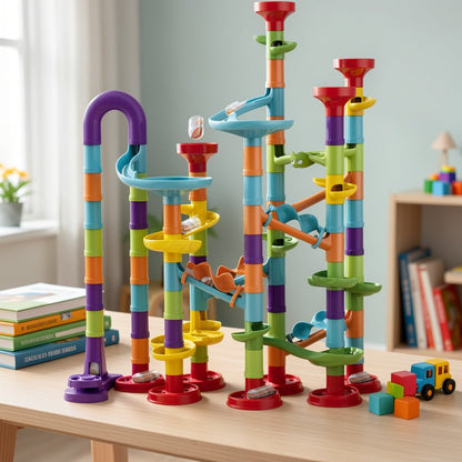 Marble Run Set Building Blocks for Kids 112/147pcs with Glass Marbles – STEM Marble Race Track Construction Toy Logic Hand-Eye Coordination Learning Game, Best Birthday Gift for Boys & Girls Ages 4+