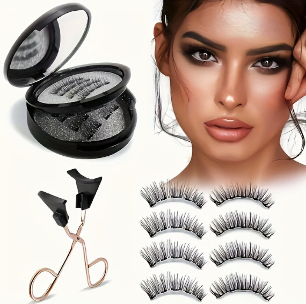 8-Pair Glue-Free Dual Magnetic False Eyelashes 3D Reusable Set — No Eyeliner Needed, Waterproof, Includes Applicator Clip, Natural Look for Daily Wear & Special Occasions