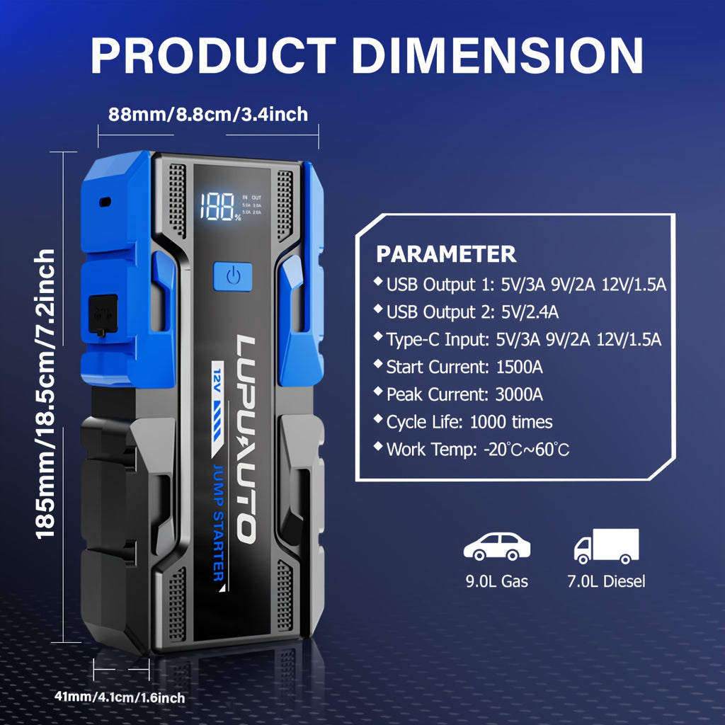 3000A Jump Starter, Portable Car Battery Jump Starter for Up to 2.38gal Gas & 1.85gal Diesel Engines, Car Battery Booster Pack with Built-in LED Light