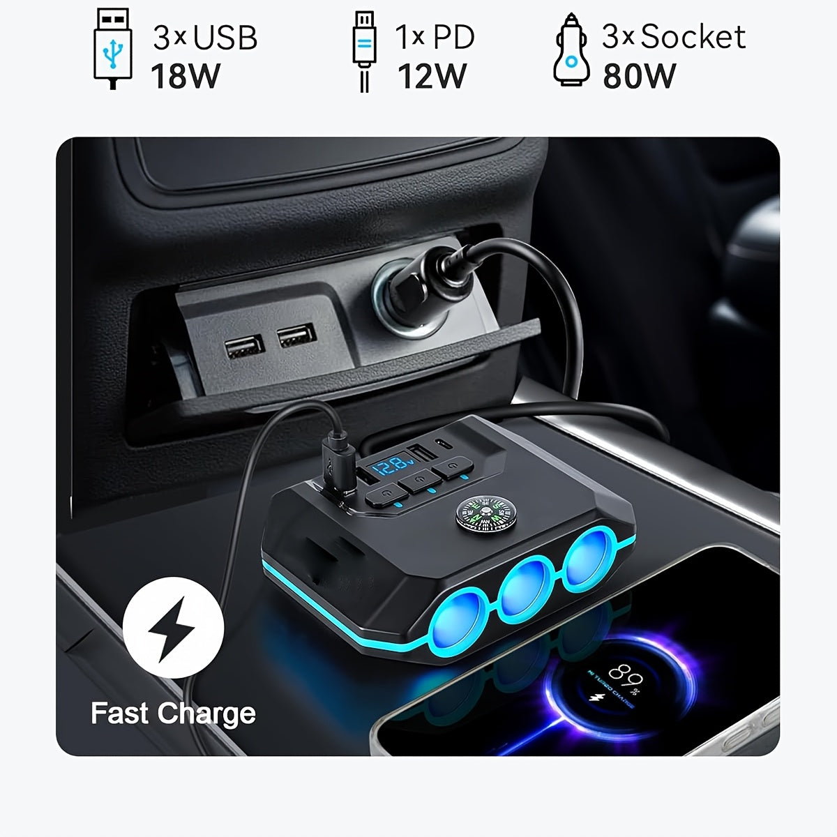 Car Lighter Splitter Charger Adapter 3 Socket Power Outlet 120W USB 12V/24V Car Socket Outlet Splitter with Voltage Monitor Independent Switch for