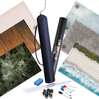 DnD Battle Map 3 Pack 24x36 Inch Dry Erase – Double-Sided 6 Terrain Grid Mats with Dice Accessories & Shoulder Bag, 1 Inch Grids for D&D 5e Pathfinder TRPG Tabletop RPG, Dungeon Master Gift