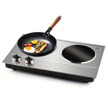 Electric Infrared Cooktop Double Burner Hot Plate – 1800W Portable Dual Temperature Control, Easy-Clean Smooth Surface, Countertop Infrared Stove for Home Kitchen & Dorm, Black or Silver