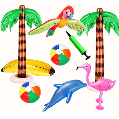 Hawaiian Party Decorations Inflatable Set 9 Pieces - Coconut Trees Beach Balls Flamingo Parrot Dolphin Banana with Pump, Luau Pool Party Supplies for Kids Adults Summer Birthday