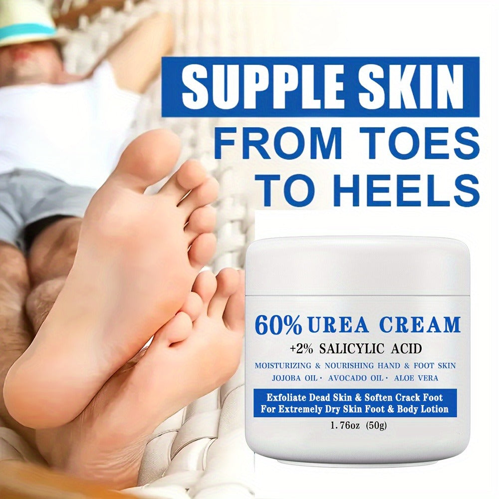 Urea Foot Cream 60% with 2% Salicylic Acid Deep Moisturizing Exfoliating Heel & Hand Lotion – Softens Dry Cracked Skin, Jojoba & Avocado Oil, Hypoallergenic 1.76oz