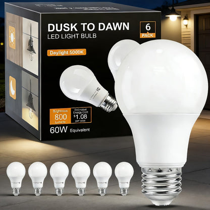 Dusk to Dawn Light Bulb A19 9W 800 Lumens 60W Equivalent with Auto On Off Photocell Sensor – E26 Base Soft White 2700K & Daylight 5000K 80+ CRI Indoor Outdoor Porch Security Lighting, 6 Pack