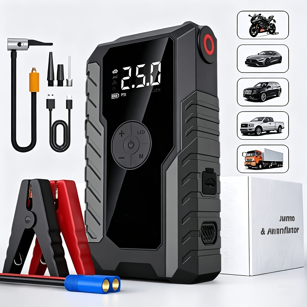6000A/11000A Peak Jump Starter with Digital Tire Inflator Air Compressor, Multi-Function Car Jump Box Equipped with Smart Anti-Burn Battery Clips & LED Flashlight, Portable Emergency Power Bank for Car, RV, Motorcycle Vehicle Roadside Tools, Giftable