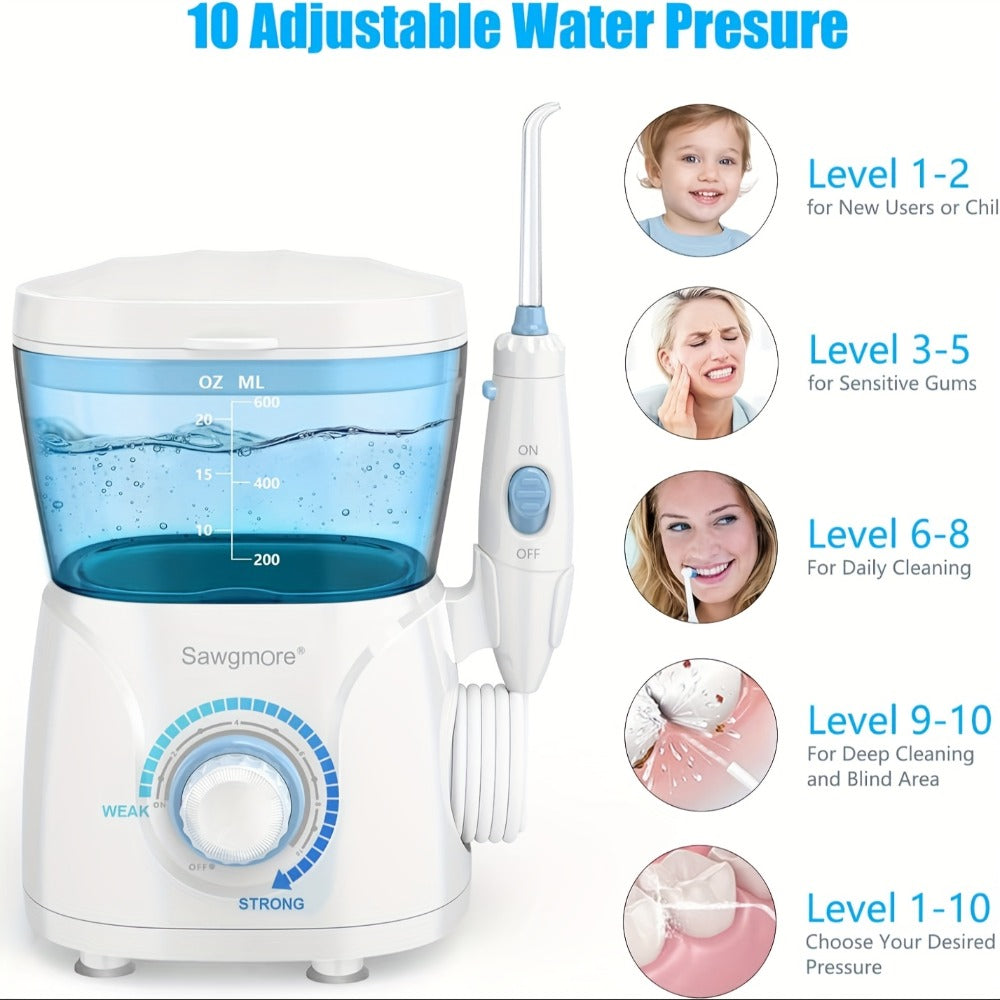 Desktop Water Flosser for Family Adults Kids 20oz Large Tank 10 Adjustable Pressure Levels 8 Nozzles Professional Oral Irrigator Electric Teeth Cleaner for Braces Implants Gum Health Home Use White