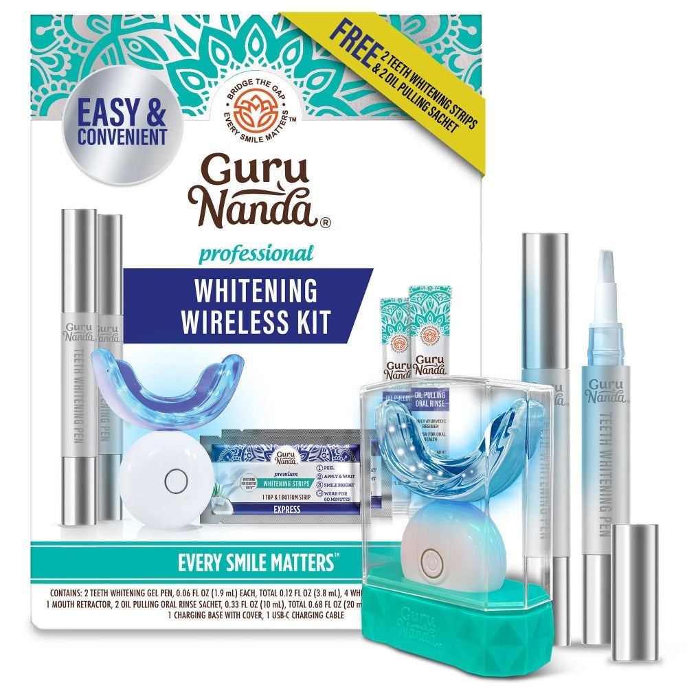 Wireless Teeth Whitening Kit with Gel Pen & 16-LED Blue Light — 40 Treatments, Oil Pulling Sachets, Removes Coffee Tea Wine Stains, Rechargeable Waterproof Mouthpiece for Brighter Smile at Home