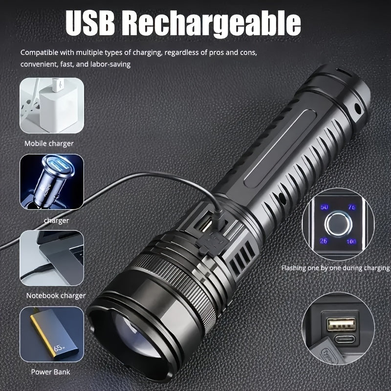 Zoomable COB Flashlight 5 Modes USB Rechargeable Power Bank with COB Tail Light for Camping Hiking Emergency Outdoor Adventures