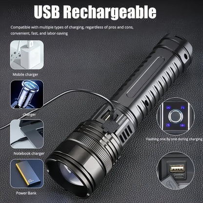 Zoomable COB Flashlight 5 Modes USB Rechargeable Power Bank with COB Tail Light for Camping Hiking Emergency Outdoor Adventures