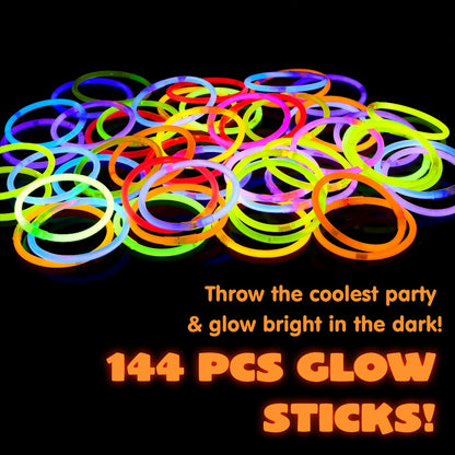 144-Piece Glow Sticks Bulk Pack 8 Inch – 7 Colors Glow in the Dark Bracelets & Necklaces for Halloween Christmas New Year Party Supplies Favors Concerts Festivals