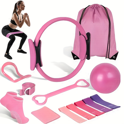 Pilates Circle Set 13-Piece – Yoga Rings, Balls, 5 Resistance Bands, Stretching Bands, Fitness Backpack, Yoga Socks & More – Complete Home Fitness Gift Set for Women & Family
