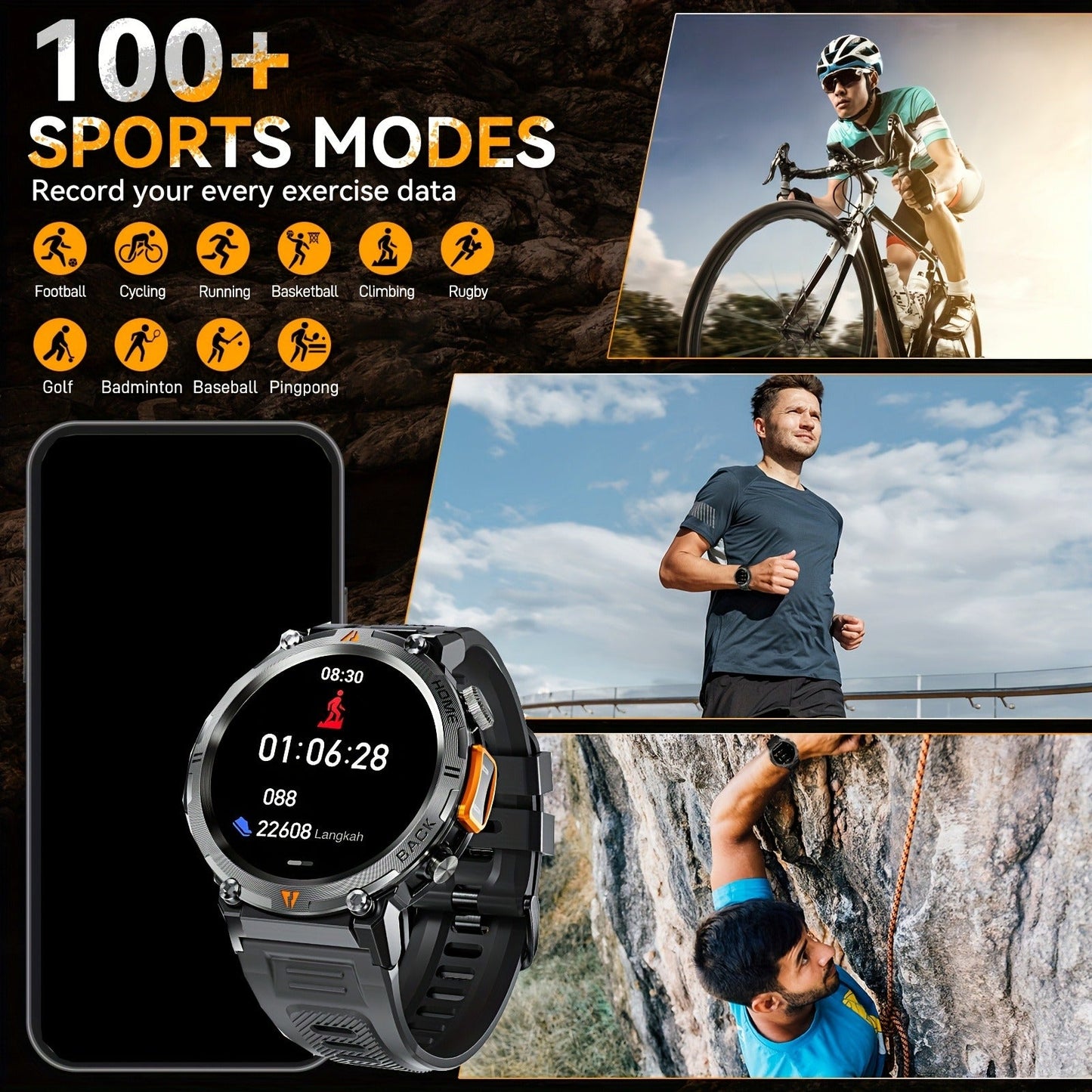 EIGIIS KE3 Rugged Smartwatch for Men – Wireless Calling, HD 1.45" Screen, LED Light, Fitness Tracker, iPhone & Android