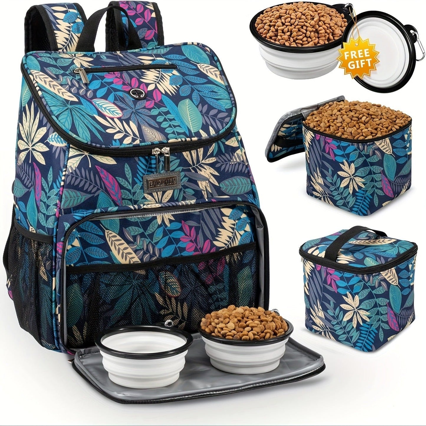 Pet Travel Backpack Double Layer Dog Cat Supplies Bag with 2 Collapsible Bowls 2 Food Baskets Portable Organizer for Outdoor Hiking Camping Road Trip