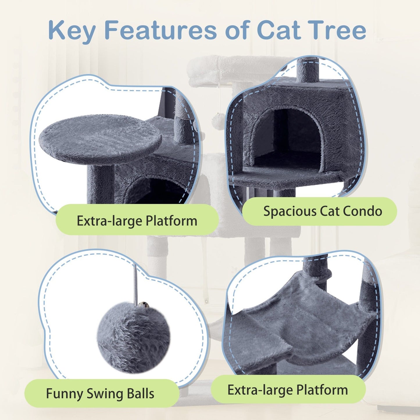 44-Inch Cat Tree Tower with Condo & Hammock - Multi-Level Indoor Cat Tree with Natural Sisal Scratching Posts, Perches & Pet House for Cats & Kittens, Stable Cat Climbing Tower, 5 Colors