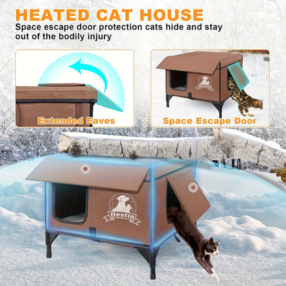 Heated Cat House 3-in-1 with Removable Warming Pad, Elevated Cat Bed for Indoor & Outdoor Cats, Chew-Resistant Cord, Double Door Cat Cave, All-Season Cat Shelter & Condo