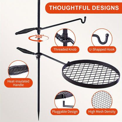 Campfire Grill Grate with Hanging Pole – Height Adjustable, 360° Rotation, 48" Thick Steel Pole, Swivel Grate Ring for Kettle, Dutch Oven & Pan – Portable Open Fire Cooking Grill for Camping & Outdoor