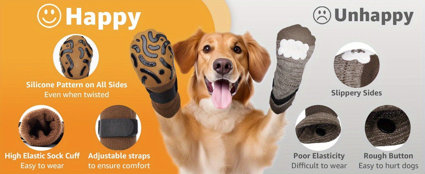 Non-Slip Dog Socks Double-Sided Grip Paw Protector with Adjustable Straps – Anti-Lick Dog Booties for Hardwood Floors, Senior Dogs & Injury Recovery, Sizes XS to L, Set of 4