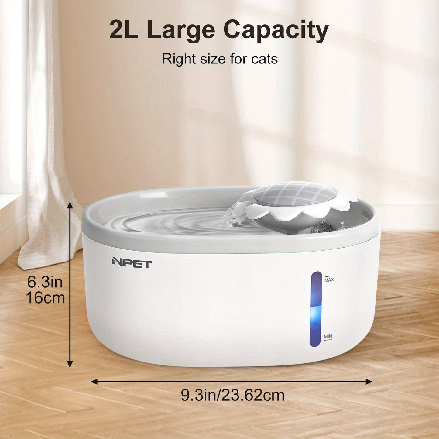 Automatic Pet Water Fountain 2L / 67oz - Ultra-Quiet Pump, Visible Water Level Window, Cat & Dog Water Dispenser, Safe BPA-Free Design, Filter Included, No Battery Required, PETNC010GW