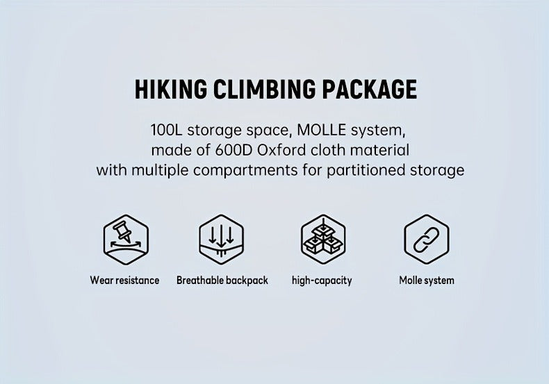 Tactical Backpack 100L Large Capacity Hiking Backpack Multiple Compartments Heavy Duty Ergonomic Straps for Camping Travel Trekking Backpacking Outdoor Adventures Jungle Green Black Army Green Gray Desert