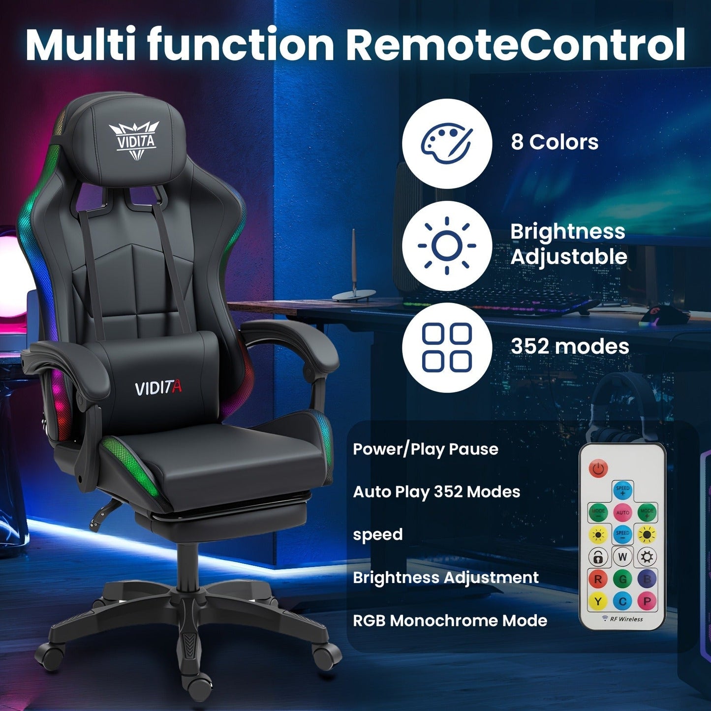 RGB Gaming Chair with LED Lights Footrest Ergonomic Gaming Chair with Massage Lumbar Support Reclining Video Game Chair for Adults Home Office Computer Chair with USB RGB Lighting