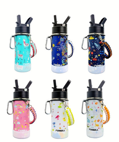 Kids Insulated Water Bottle 16oz with 3D Print Design - Stainless Steel Vacuum Flask, Leak-Proof BPA-Free, One-Hand Lid, Woven Strap & Carabiner, Perfect Student Gift for Boys & Girls, 8 Fun Styles