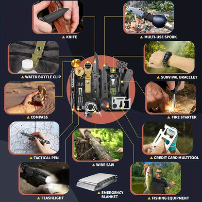Survival Gear Kit Emergency Tool Set – Outdoor Multifunctional Camping Axe, Survival Shovel & Flint Fire Starter, 12pcs Basic or 158pcs Full Kit for Hiking, Hunting, Earthquake & Outdoor Adventures