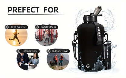 Half Gallon Water Bottle 74oz with Insulated Sleeve, Straw & Time Marker – BPA Free Leakproof Large Sports Jug with Carrying Handle & Strap for Gym, Fitness & Outdoor