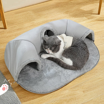 Cat Tunnel Bed 3-in-1 Play Mat & Warm Nest with Non-Slip Base, Durable Chew-Resistant Polyester Cat Bed for Indoor Cats, Soft Gray White Design, S & M Sizes for Cats Rabbits Hamsters