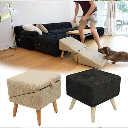 Dog Ramp 2-in-1 Foldable Ottoman Pet Stairs for Sofa Bed, Solid Wood Frame Heavy-Duty Small Dog Steps with Anti-Scratch Rounded Edges, Space-Saving Folding Pet Ramp Footrest, Black & Khaki