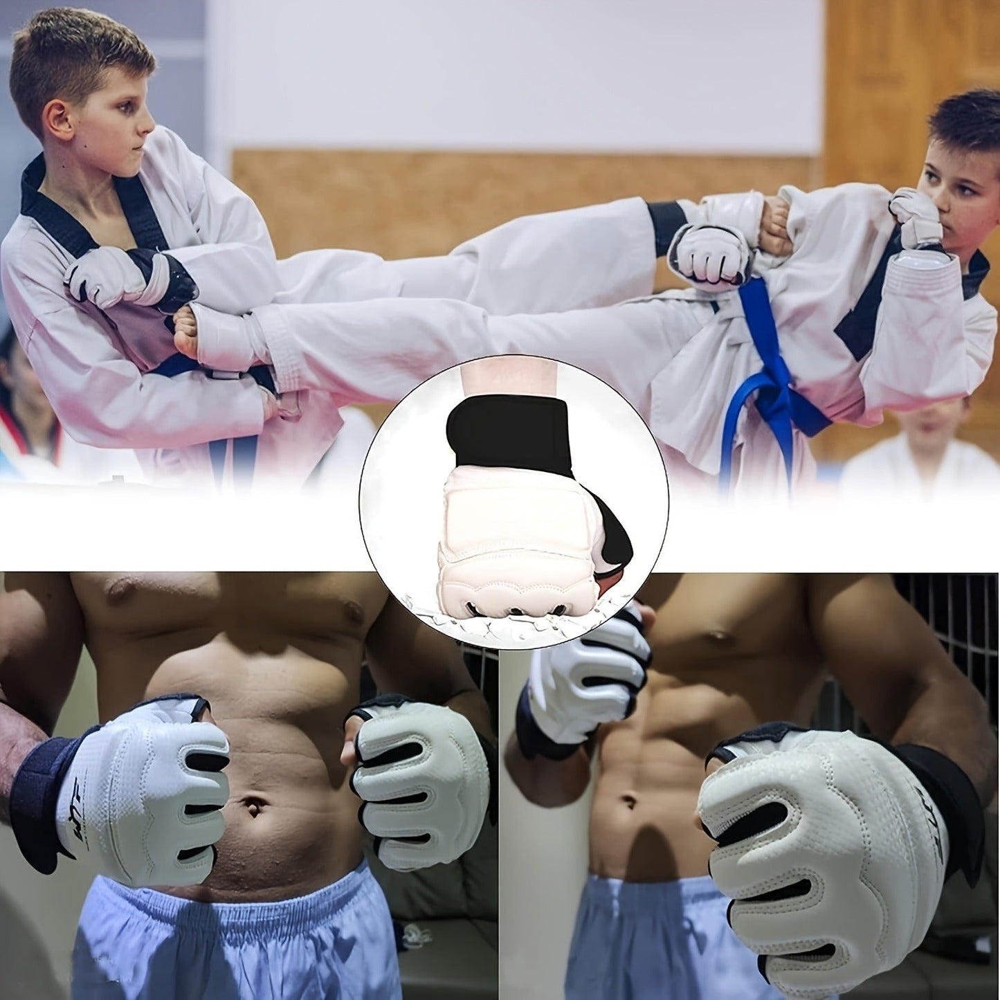 Taekwondo Sparring Gear Set Half Finger Gloves Hand & Foot Protectors with Wrist Wraps & Ankle Support for Boxing Kickboxing Men Women