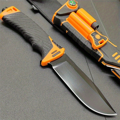 Fixed Blade Outdoor Camping Knife 9.64 Inch Stainless Steel, Survival Hunting Knife with Flint Fire Starter Night Light Sharpener Safety Sheath, Non-Slip Ambidextrous Handle for Hiking Mountaineering Adventure