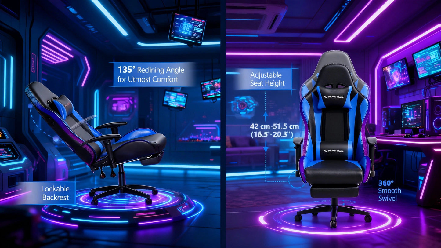 Gaming Chair with Massage and Bluetooth Speaker – RGB LED Lights, 135° Reclining with Footrest, 7-Point Vibration, 3D Adjustable Arms, 360° Swivel, Heavy Duty 400 lbs Big & Tall Ergonomic Chair, Blue Black