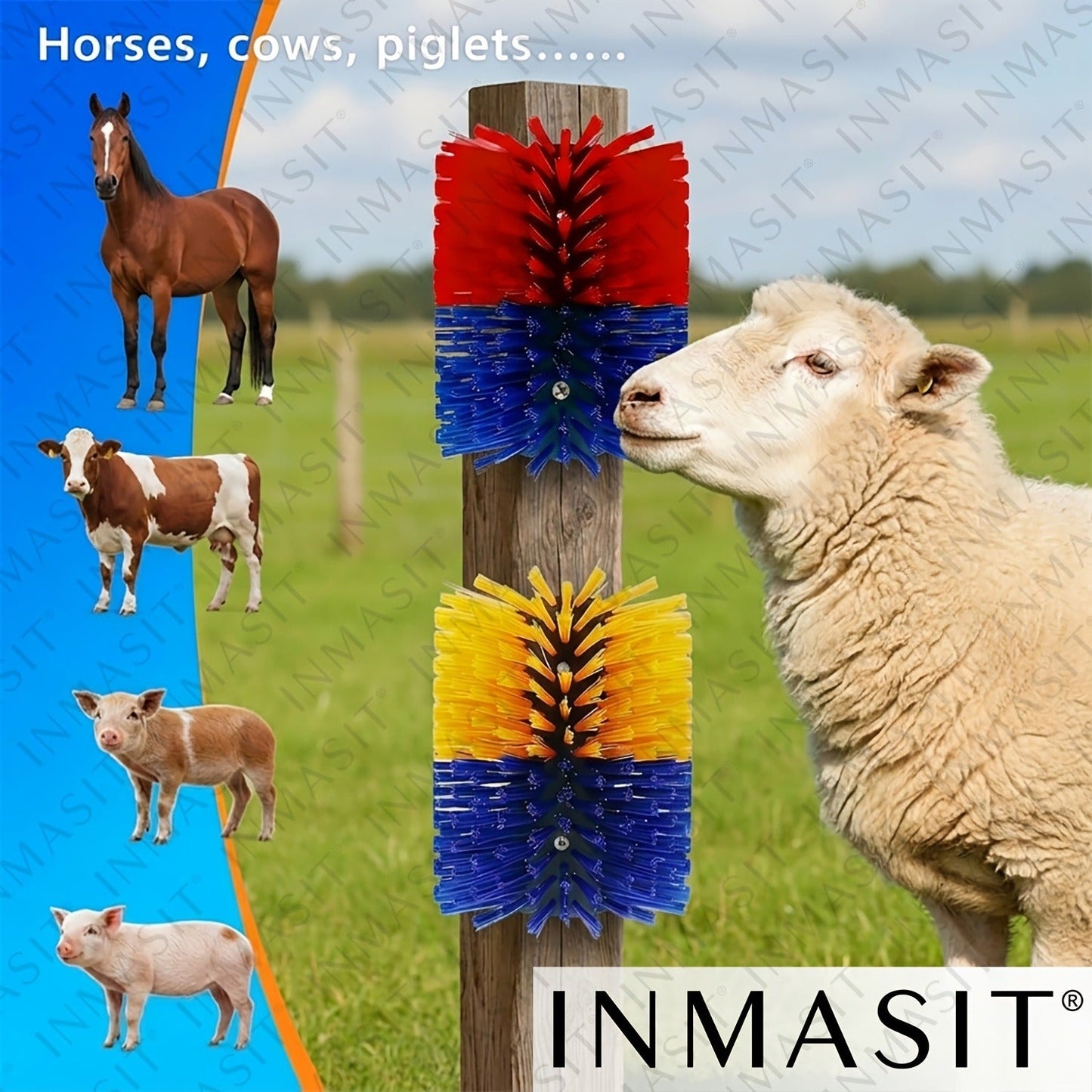 Livestock Grooming Brush Scratcher 8.7" – All-in-One Massage & Itch Relief Tool for Horse, Cow, Goat & Pig | Easy Install with 4 Screws, Battery-Free Stress Reduction, Red/Blue & Yellow/Blue