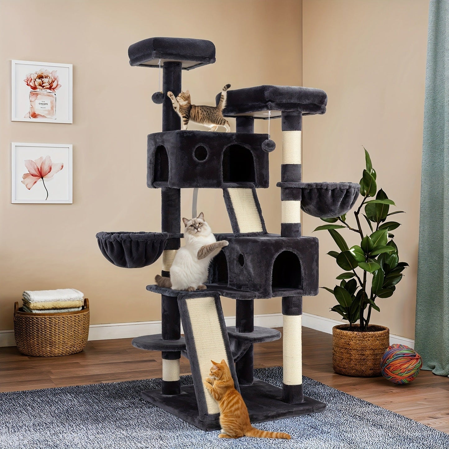 Cat Tree Tower Multi-Level for Indoor Cats - Cat Furniture with Sisal Scratching Posts, Plush Perches, Hammock, Basket & Corner Condo Cave, Hanging Toys & Climbing Ramp, Multiple Sizes & Colors