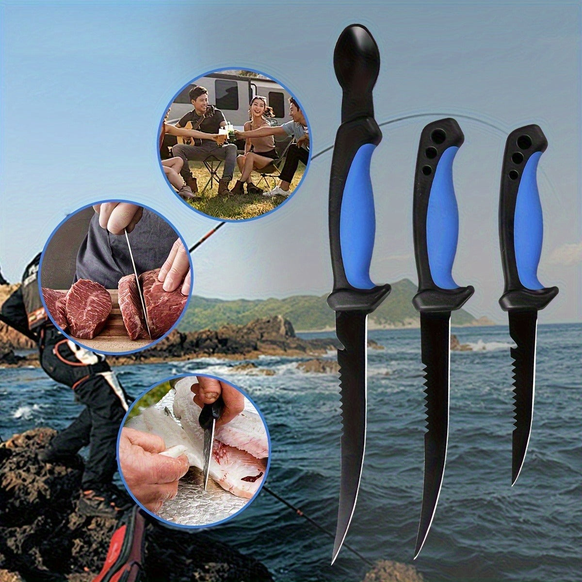 Fishing Knife Set 3-Piece Stainless Steel Fillet Boning Knife with Cut Resistant Gloves Fishing Line Cutter Stretch Rope for Fishing Camping Carving