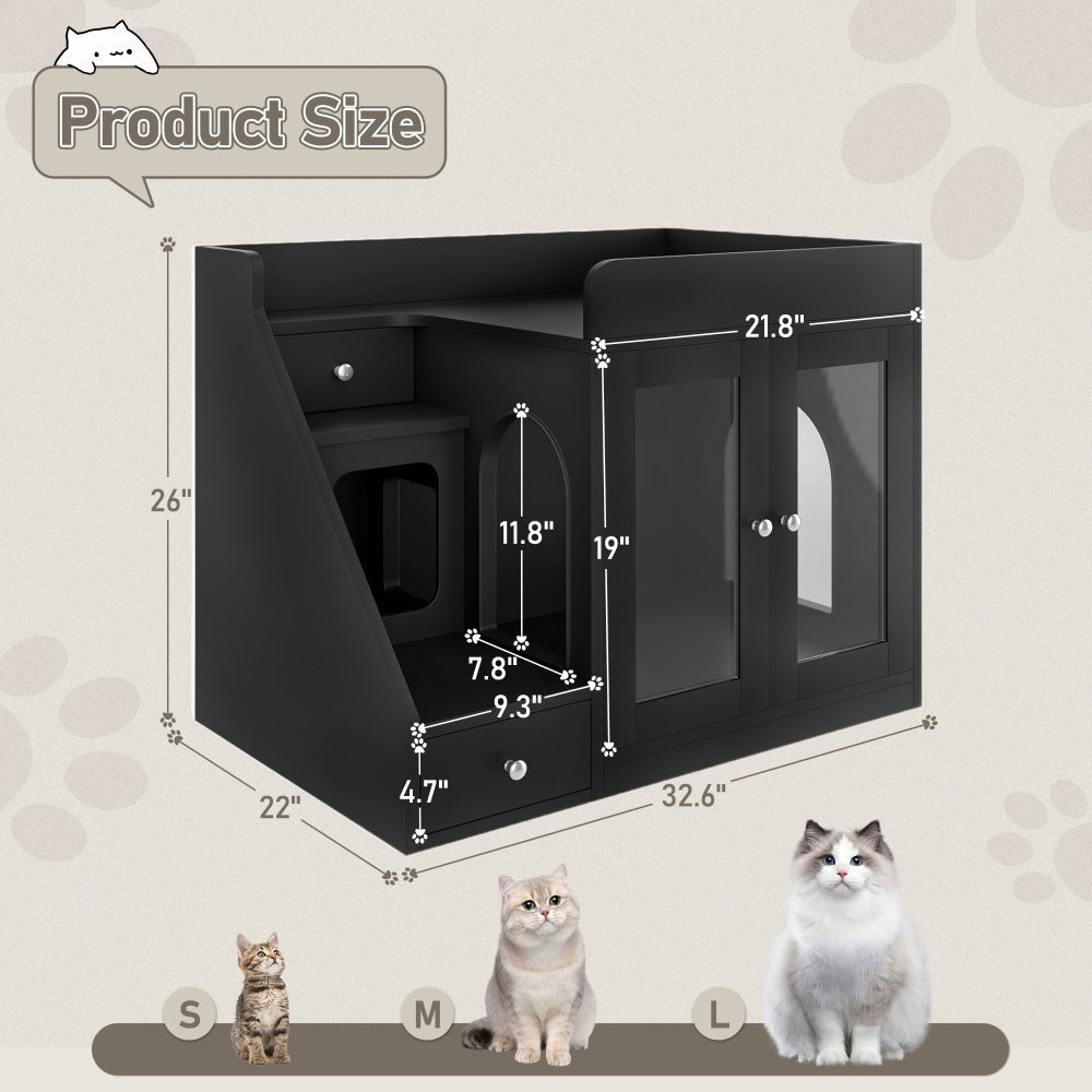 Cat Litter Box Enclosure Furniture Hidden Cabinet with LED Light & 2 Drawers – MDF Indoor Cat House Side Table with Acrylic Door, Stair Steps & 110 lb Capacity, Gray White Black