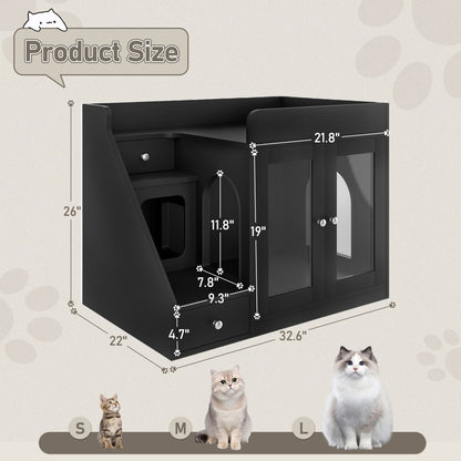 Cat Litter Box Enclosure Furniture Hidden Cabinet with LED Light & 2 Drawers – MDF Indoor Cat House Side Table with Acrylic Door, Stair Steps & 110 lb Capacity, Gray White Black