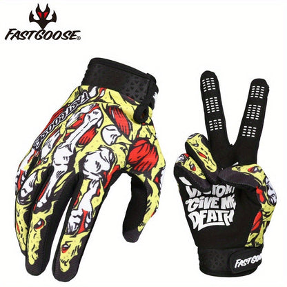 Motocross Gloves Touchscreen Full Finger - Breathable Riding Gloves with Print Design, Adjustable Wrist Closure, Road Racing & Cycling Protection (Blue/Yellow, M-XL)