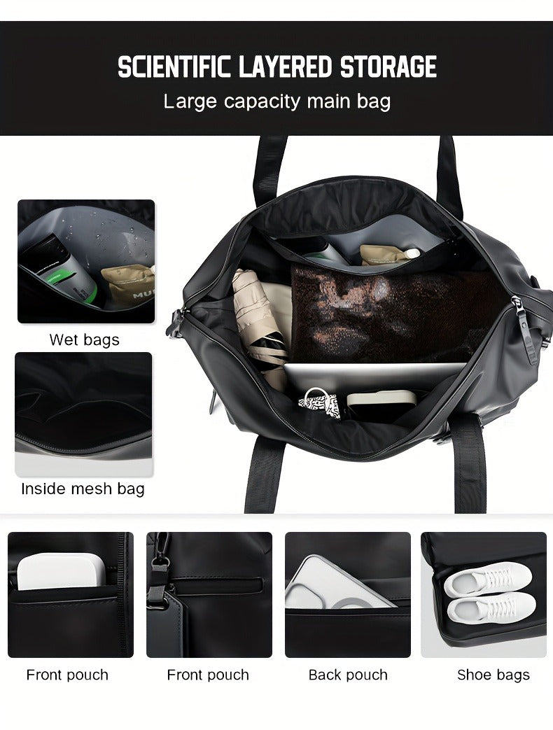 Gym Duffel Bag with Wet Pocket & Shoe Compartment - Foldable PU Leather Sports Travel Bag for Workouts, Weekend Trips & Everyday Use, Lightweight Carry-On Luggage Bag for Men Women (Black/Blue/Grey)