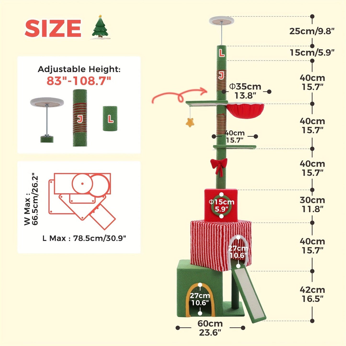 Floor to Ceiling Cat Tree Tower 90–107" – 4-Tier Tall Adjustable Cat Climbing Post with Tension Rod | Ceiling-Mounted Stable Cat Activity Center for Indoor Cats, Multiple Colors