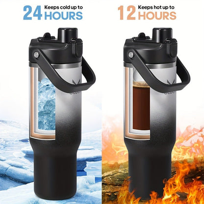 Vacuum Insulated Tumbler 32oz Stainless Steel with Handle Straw 2-in-1 Lid Chug Straw Lid Silicone Boot Matte Finish Keeps Drinks Cold Hot for Travel Gym Outdoor