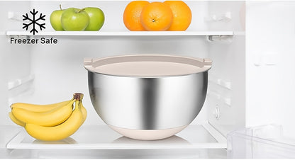 Stainless Steel Mixing Bowls Set with Airtight Lids 7 Piece, Stackable Nesting Bowls with Measuring Spoons Whisk Spatula Tongs Basting Brush, Dishwasher Safe Kitchen Bowls for Cooking Baking Camping Travel