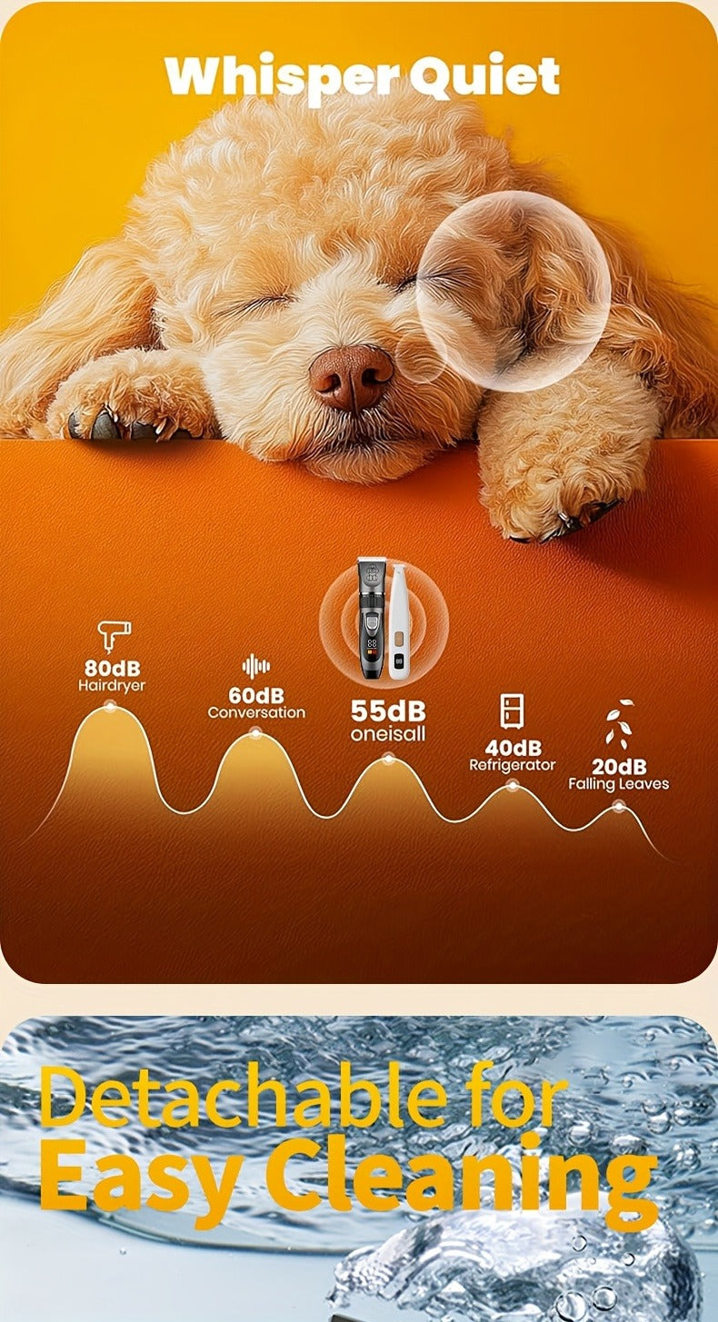 Pet Grooming Kit with Quiet Rechargeable Clippers - Cordless Electric Shaver & Complete Tool Set for Dogs and Cats, Low Noise Home Grooming with Digital Display Option