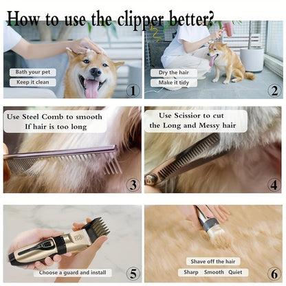 Pet Hair Clipper Cordless Adjustable Comb - Silent Low Noise Rechargeable Electric Dog Cat Grooming Scissors Set, Multiple Style Options, USB Charging Wireless Pet Trimmer for Dogs Cats