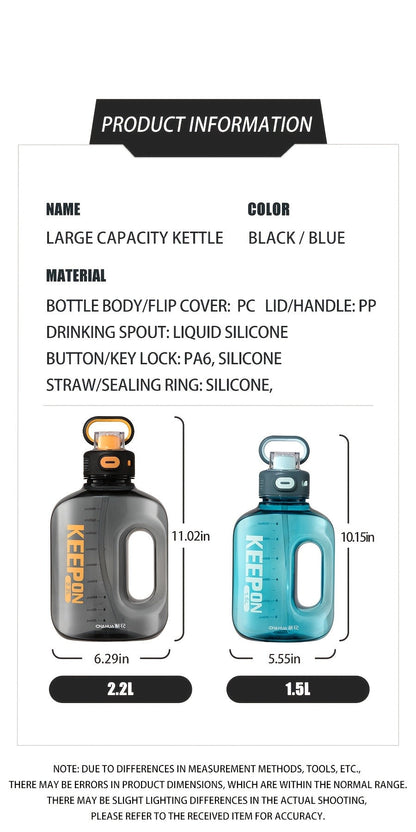Large Sports Water Bottle with Straw Lid Handle 1500ml 2200ml Leak-Proof Lockable Food-Grade PP PC Hydration Bottle for Gym Fitness Hiking Camping Travel School