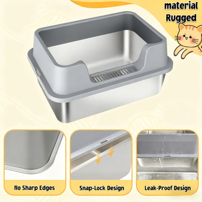 Stainless Steel Cat Litter Box with Scoop - High-Wall Semi-Enclosed Design, Non-Stick Easy Clean Surface, Anti-Leakage Odor Control, 2 Sizes for Kittens & Multiple Cats, Modern Metal Pet Toilet