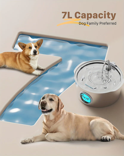 Stainless Steel Pet Water Fountain 1.85 Gal - Smart 304 SS Large Capacity Cat Dog Automatic Water Dispenser, Silent Pump, Filter Chip, Water Level Window