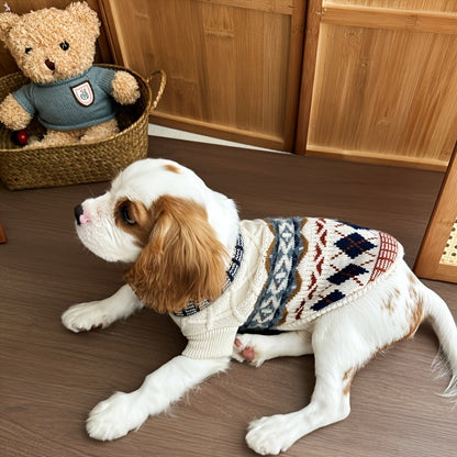 Cable Knit Dog Sweater Turtleneck - Thick Warm Winter Pet Pullover with Fair Isle Pattern, Cozy Cold Weather Knitwear for Small Medium Large Dogs & Cats, Outdoor Dog Clothes XS-XL, Beige & Blue