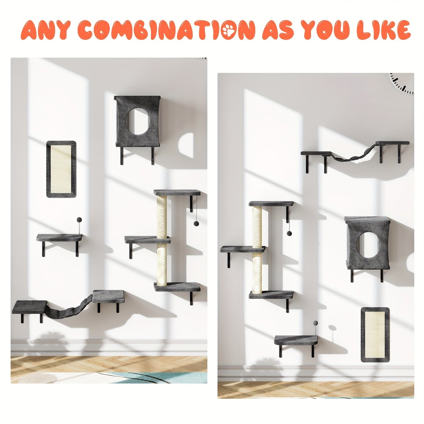 Cat Wall Shelves 5-Piece Set - Wall-Mounted Cat Furniture with Floating Perch, Cat Climber, Bridge & Cat Bed, Modern Cat Tree Alternative for Indoor Cats, Black / Grey / Beige